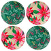 Set of four festive paper plates with floral and bow designs on a white background