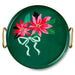 Green round tray with pink poinsettias and a green bow on a white background