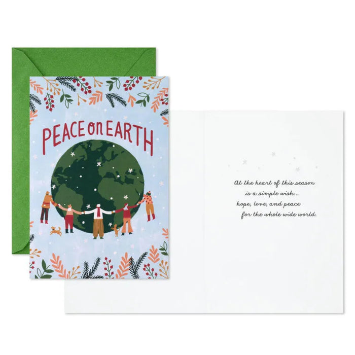 Greeting card with 'Peace on Earth' text and people holding hands around a globe, with a green envelope.