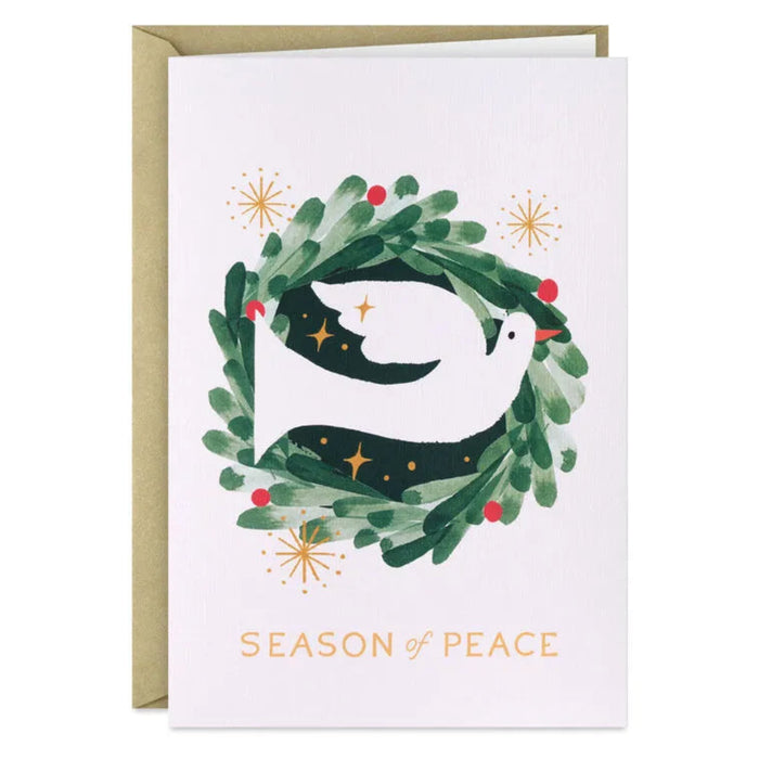 Greeting card with a dove and wreath design, featuring the text 'Season of Peace'.