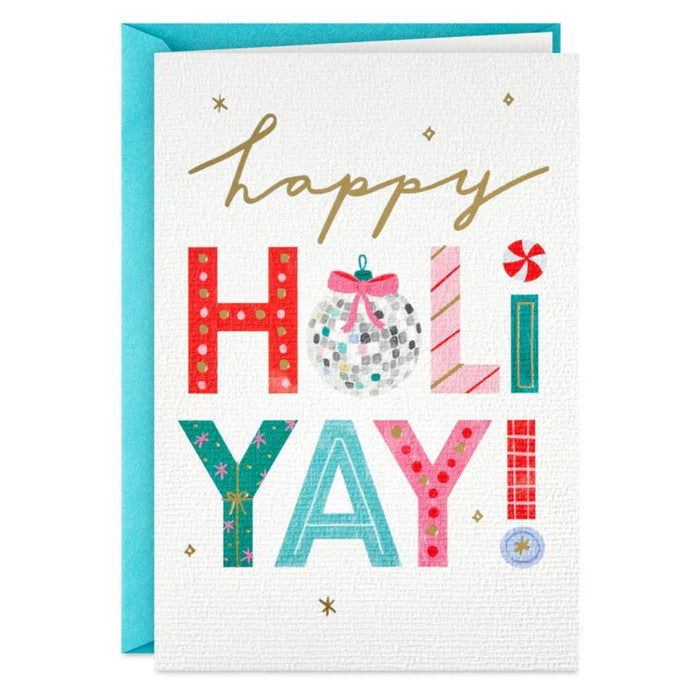 Greeting card with colorful text 'Happy Holi YAY!' and festive designs on a white background.