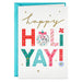Greeting card with colorful text 'Happy Holi YAY!' and festive designs on a white background.