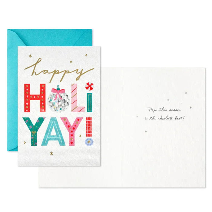 Greeting card with 'Happy Holly Yay!' text and a blue envelope on a white background