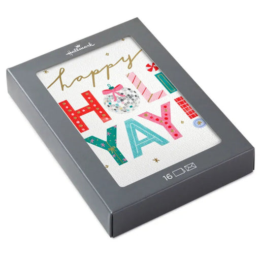 Gray box with a colorful 'Happy HoliYaY' design greeting cards on a white background