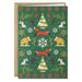 Christmas-themed greeting card with animals and trees on a green background