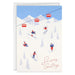Greeting card with skiers and a ski lift against a mountain backdrop, featuring 'Season's Greetings' text.