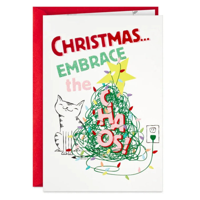 Christmas card with a cat and Christmas tree design, featuring text 'Christmas... Embrace the Chaos!'.