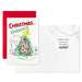 Christmas card with a tree and cat illustration and a red envelope.