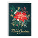 Christmas card with red poinsettia and greenery on a dark background