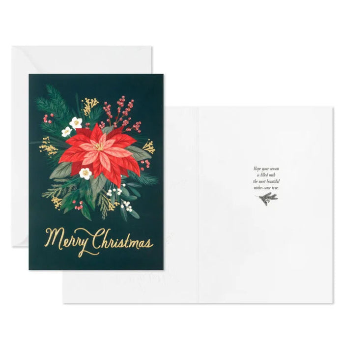 Christmas card with poinsettia design and 'Merry Christmas' text on a white background