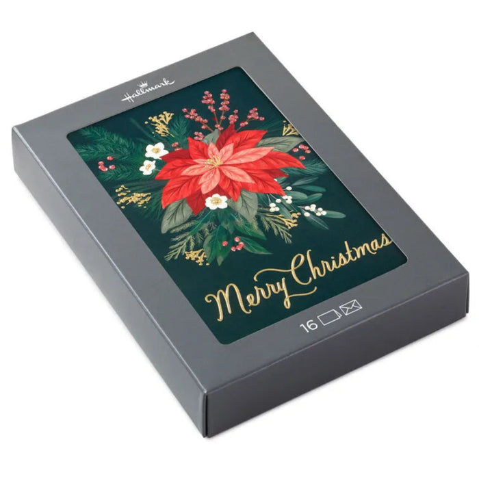 Hallmark Christmas card with poinsettia design on a gray box