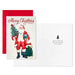 Christmas card with Santa Claus holding a tree and gifts, featuring a red envelope.