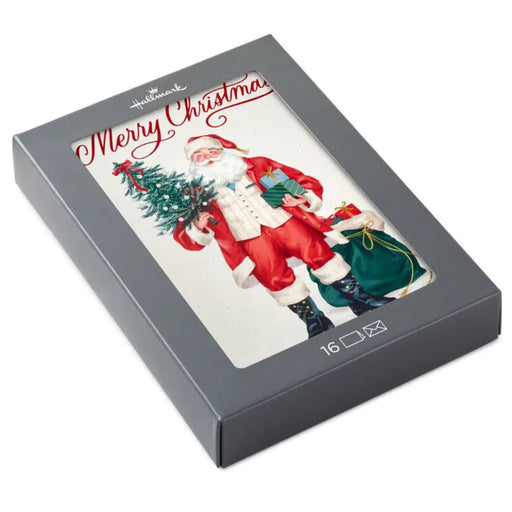 Gray box with a Christmas card featuring Santa Claus holding a tree and a sack.