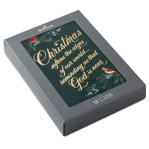 Gray gift box with Christmas-themed text and design on a white background