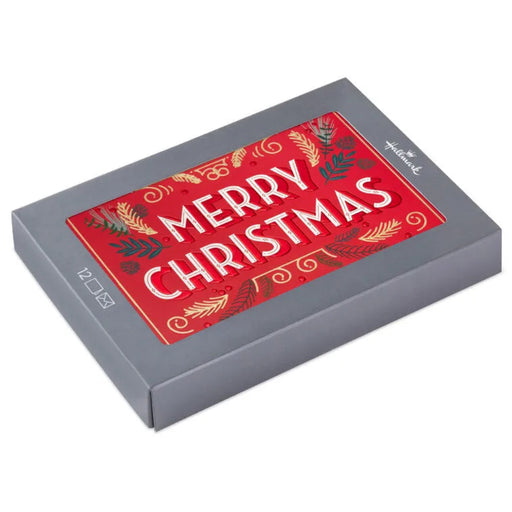 Gray box with a red 'Merry Christmas' cards on a white background