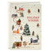 Christmas card with winter village scene, trees, and 'Holiday Wishes' text.