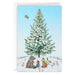 Greeting card with a snowy Christmas tree and forest animals on a blue background