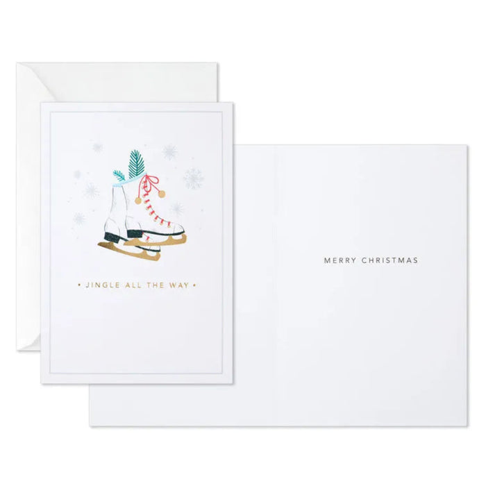 Christmas card with ice skate design and 'Jingle All the Way' text on a white background