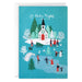 Christmas card with a snowy village scene, church, and people skating and playing outside.