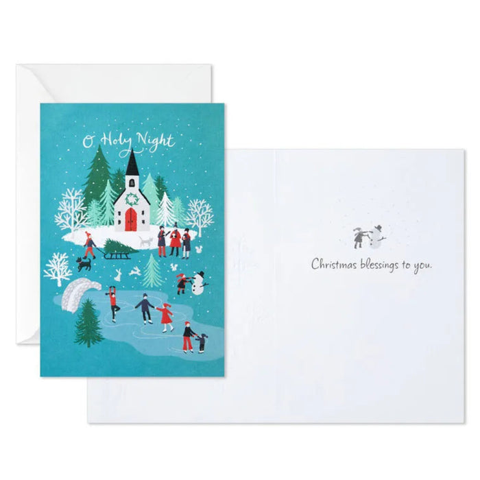Christmas card with a winter scene, church, and people skating on ice.