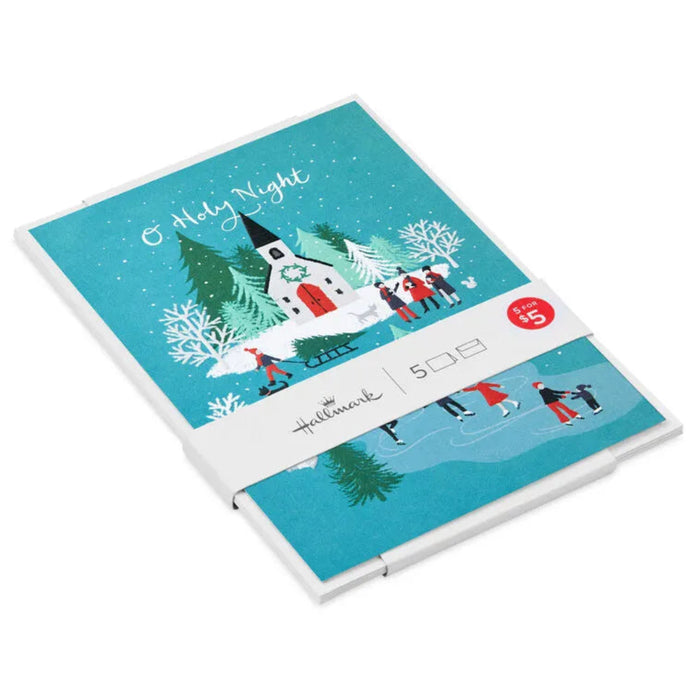 Hallmark Christmas card with snowy village design on a white background