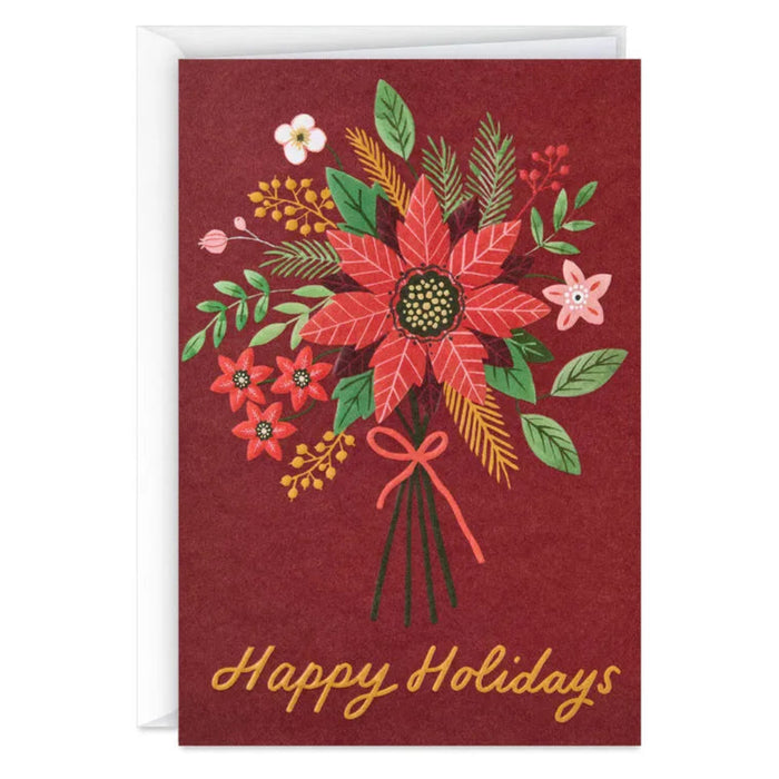 Greeting card with poinsettia design and 'Happy Holidays' text on a red background