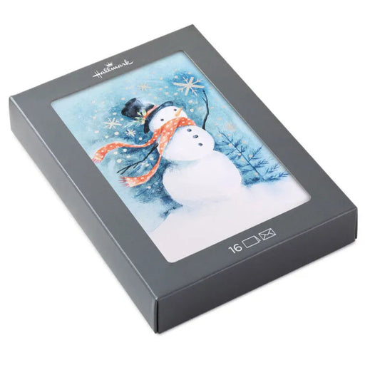 Hallmark Christmas card with a snowman design in a gray box on a white background