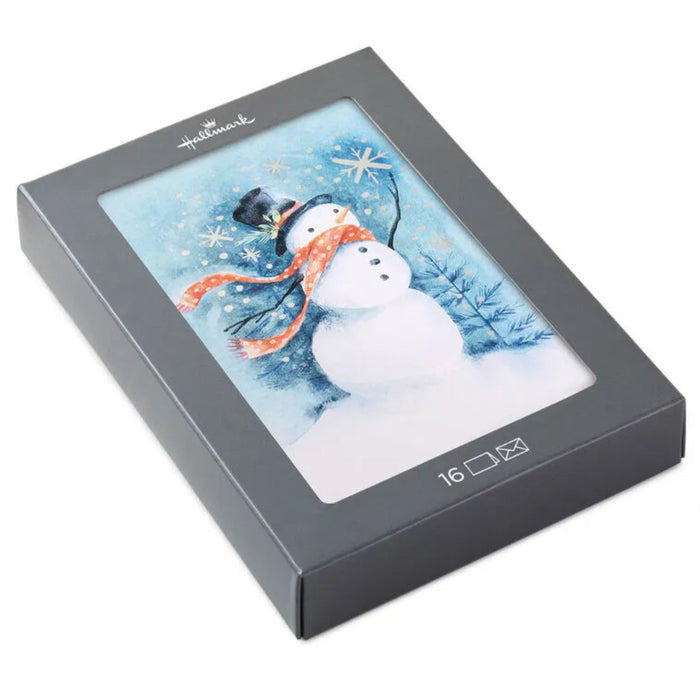 Hallmark Christmas card with a snowman design in a gray box on a white background