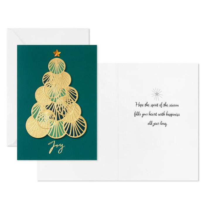 Christmas card with gold tree design on teal background