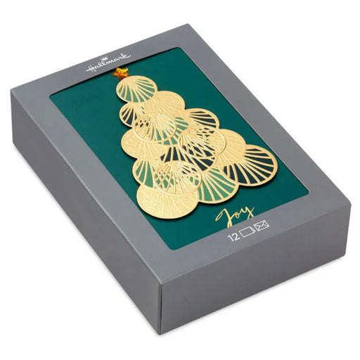 Gold Christmas tree ornament in a gray box with 'Hallmark' branding