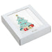 White box with a Christmas-themed card featuring a tree and presents on a white background