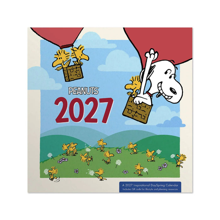 Hallmark Peanuts Happiness and Fun 2027 Inspirational 12-Month Wall Calendar featuring cheerful Peanuts artwork and a spacious monthly date grid.