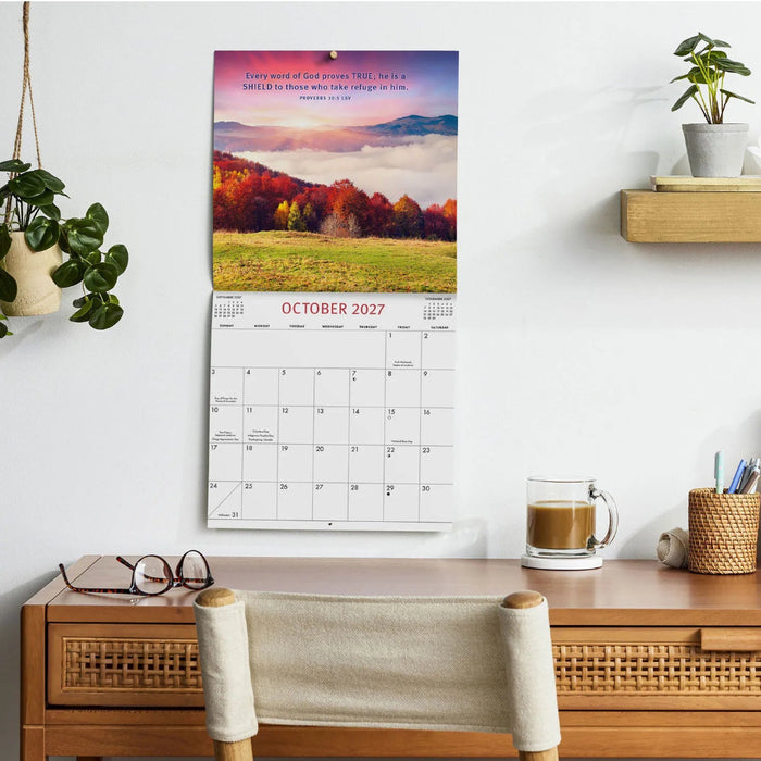 Hallmark Proverbs 2027 Inspirational 12-Month Wall Calendar, 12x12, featuring faith-filled messages, beautiful artwork, and a spacious monthly date grid.