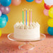 White cake with colorful candles on a clear stand against a yellow background with balloons.