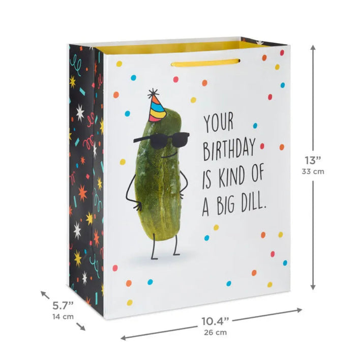  13" Birthday bag with a party pickle with text and product measurements  on a white background 