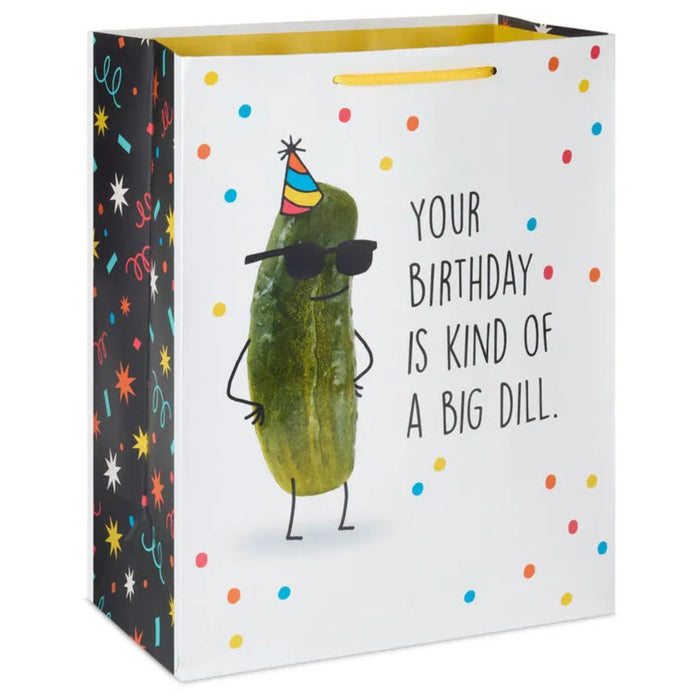 13" Birthday bag with a party pickle with text on a white background 