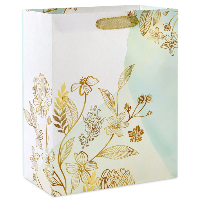 Hallmark 9.6-inch Gold Wildflowers Medium Gift Bag featuring an elegant gold wildflower design and stylish gift packaging for special occasions.