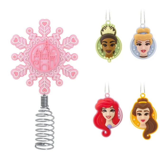 Set of Disney princess-themed mini ornaments on a white background