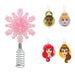 Set of Disney princess-themed mini ornaments on a white background