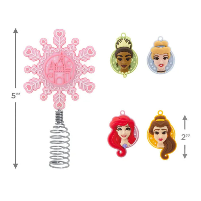 Set of Disney princess mini ornaments  with a  mini pink snowflake-shaped tree topper with measurements on a white background