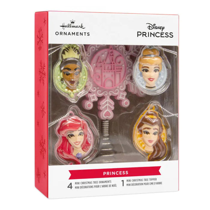 Packaged Disney Princess ornaments with Hallmark branding on a white background