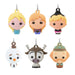 Set of 6 Frozen cartoon character ornaments on a white background