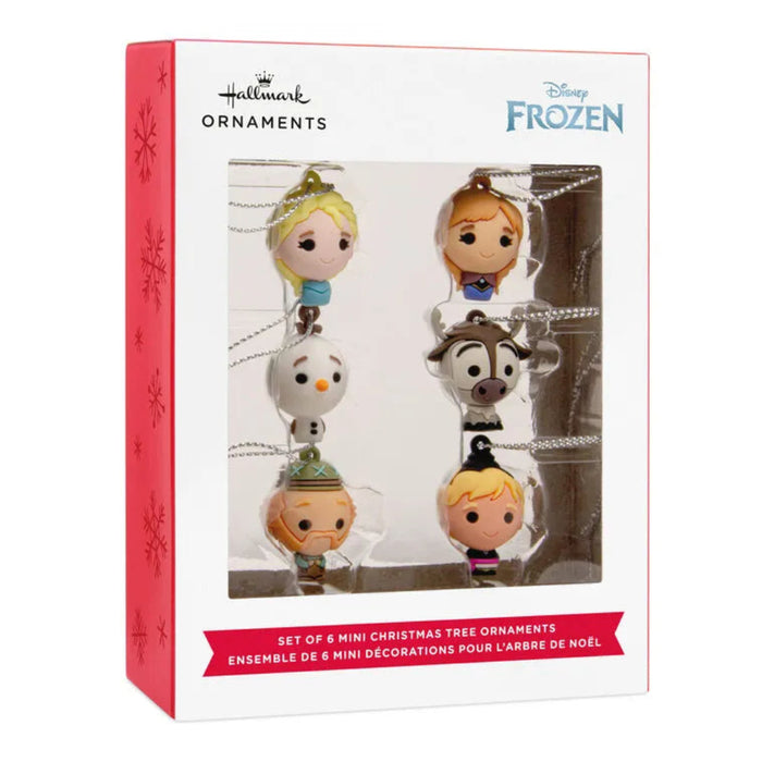 Packaged set of Disney Frozen Christmas tree ornaments with Hallmark branding.