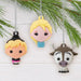 Three  Frozen cartoon character ornaments hanging on a branch on a white background