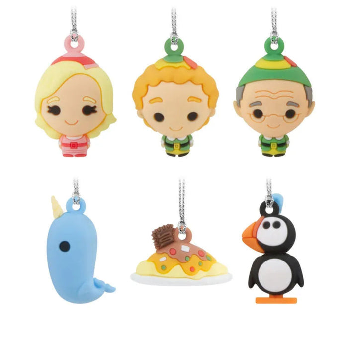 Set of 6 colorful  Elf character ornaments  on a white background