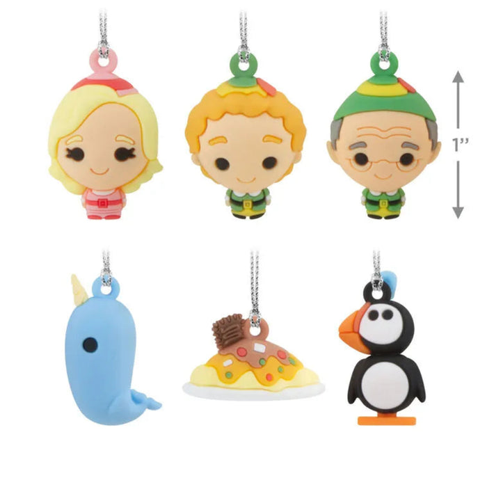 Set of 6 colorful  Elf character ornaments with a measurement indicator on a white background