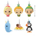 Set of 6 colorful  Elf character ornaments with a measurement indicator on a white background