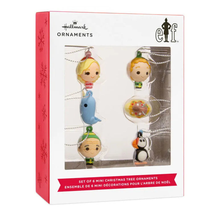 Set of 6 mini Christmas tree ornaments in packaging with Hallmark and Elf on the Shelf branding.