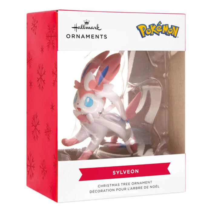 Hallmark Pokemon Sylveon Christmas ornament packaging with red and white design.