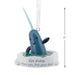Narwhal  from the Elf movie ornament with a message with product  measurements on a white background